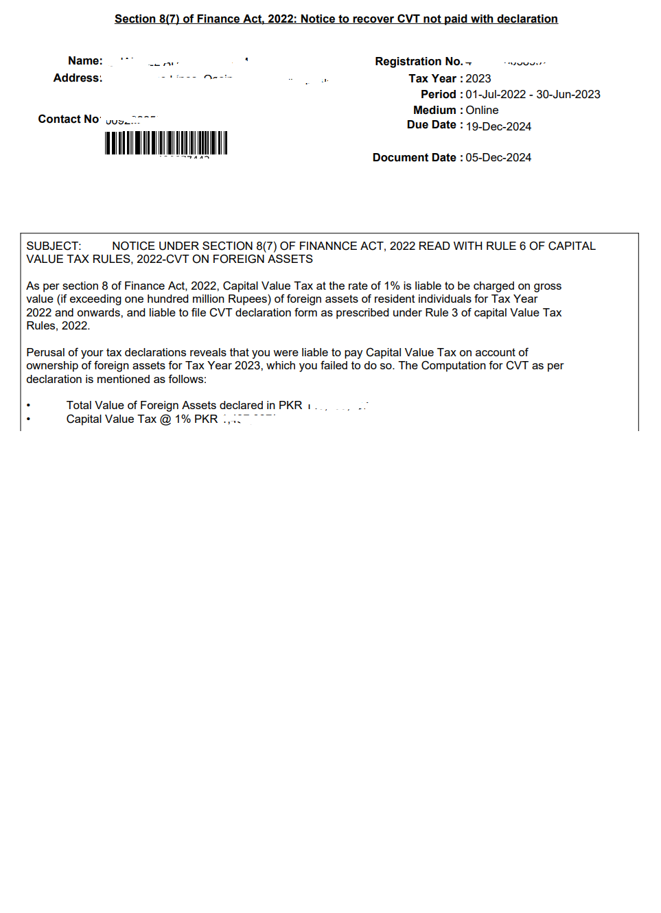 Section 8(7) of Finance Act 2022: Notice to recover CVT not paid